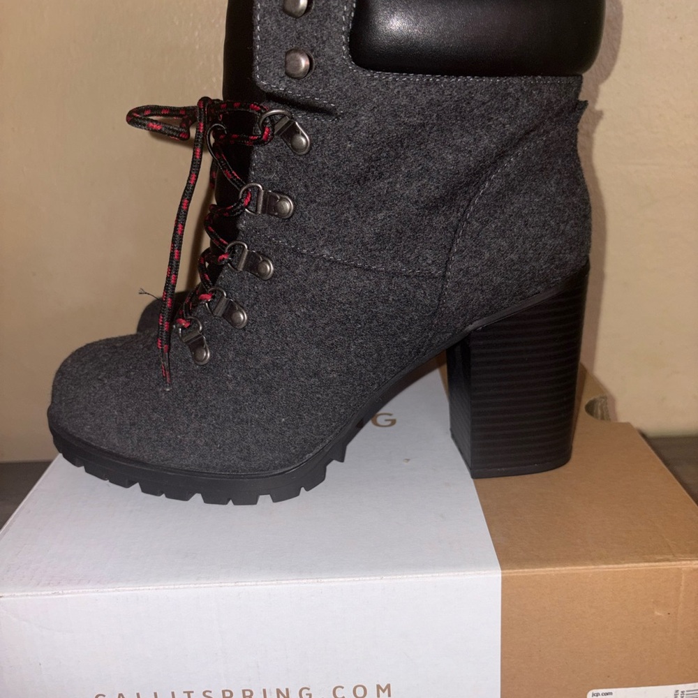 Call It Spring Charcoal and Black Boots with Red Laces